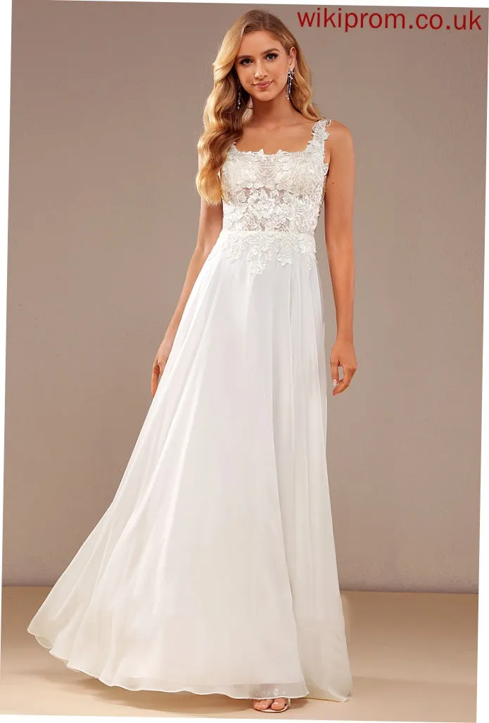 A-Line Floor-Length Chiffon Sequins Wedding Dresses Jaelynn Dress Lace Neckline Square With Lace Wedding