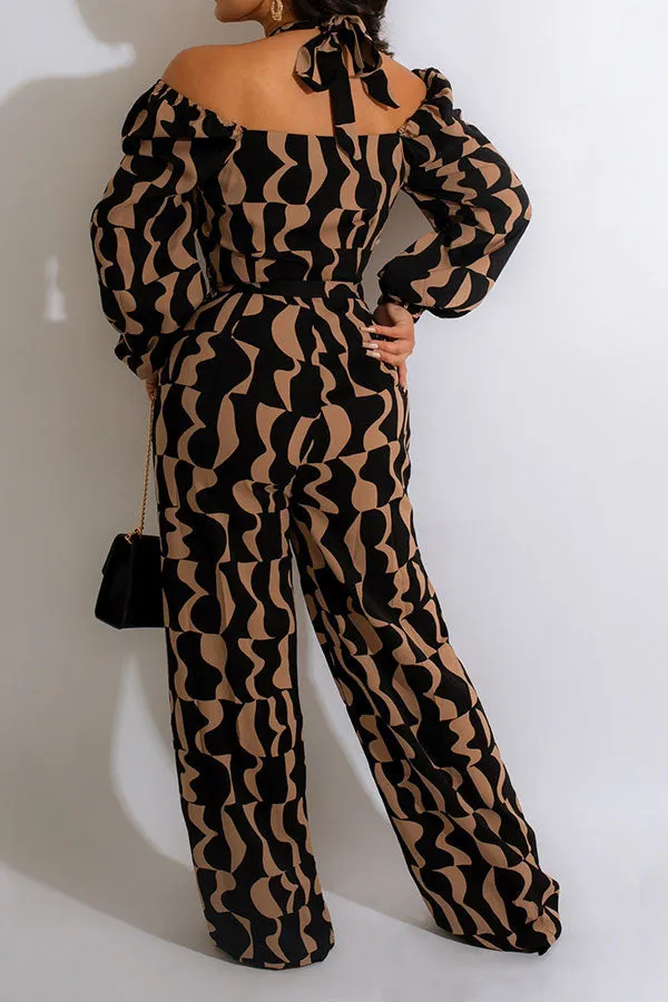 Abstract Print Cross Halter Elegant Lace-Up Jumpsuit