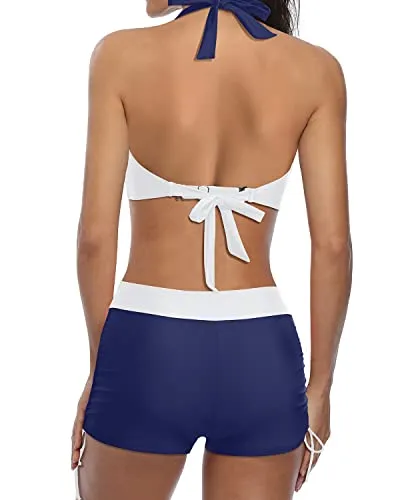 Adjustable Tie Drawstrings Bikini With Boyshort Two Piece Swimsuit-Blue