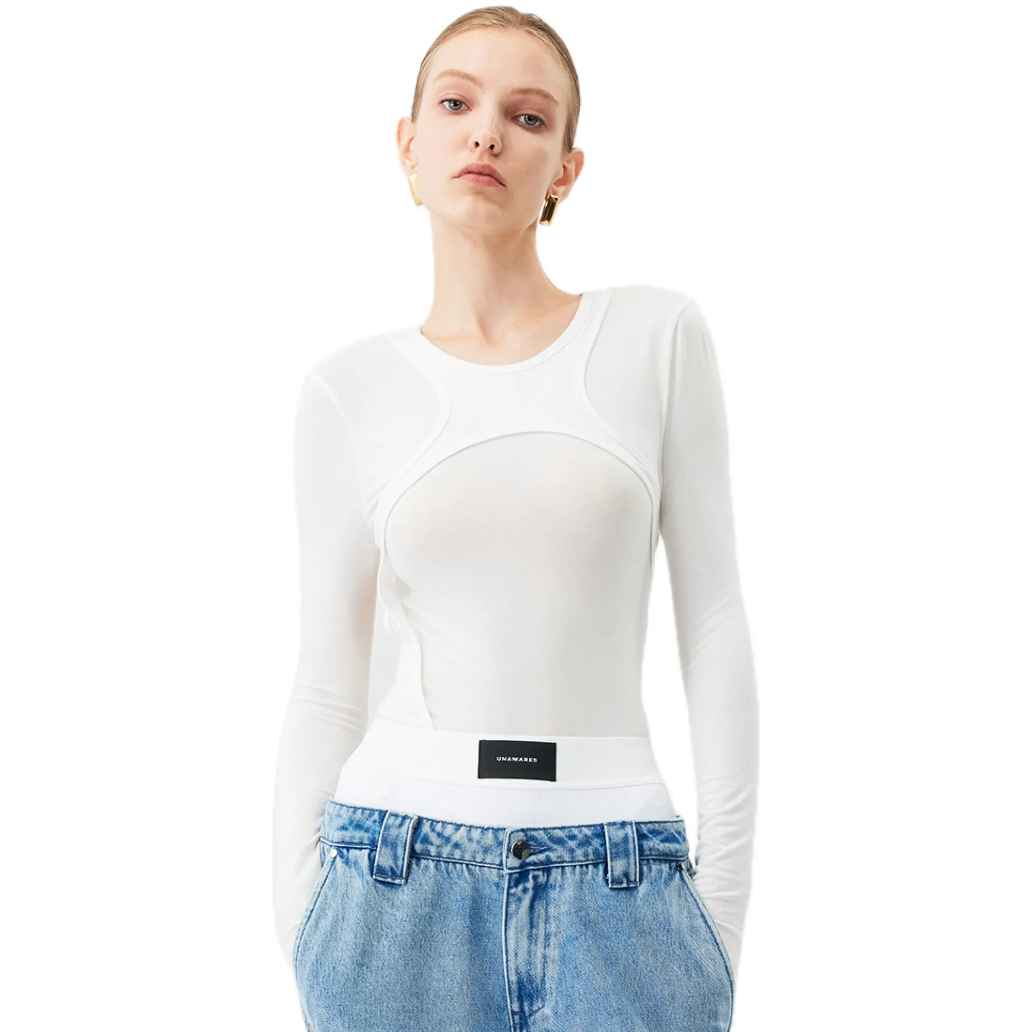 Backless Fake Two Long Sleeved Tops In White