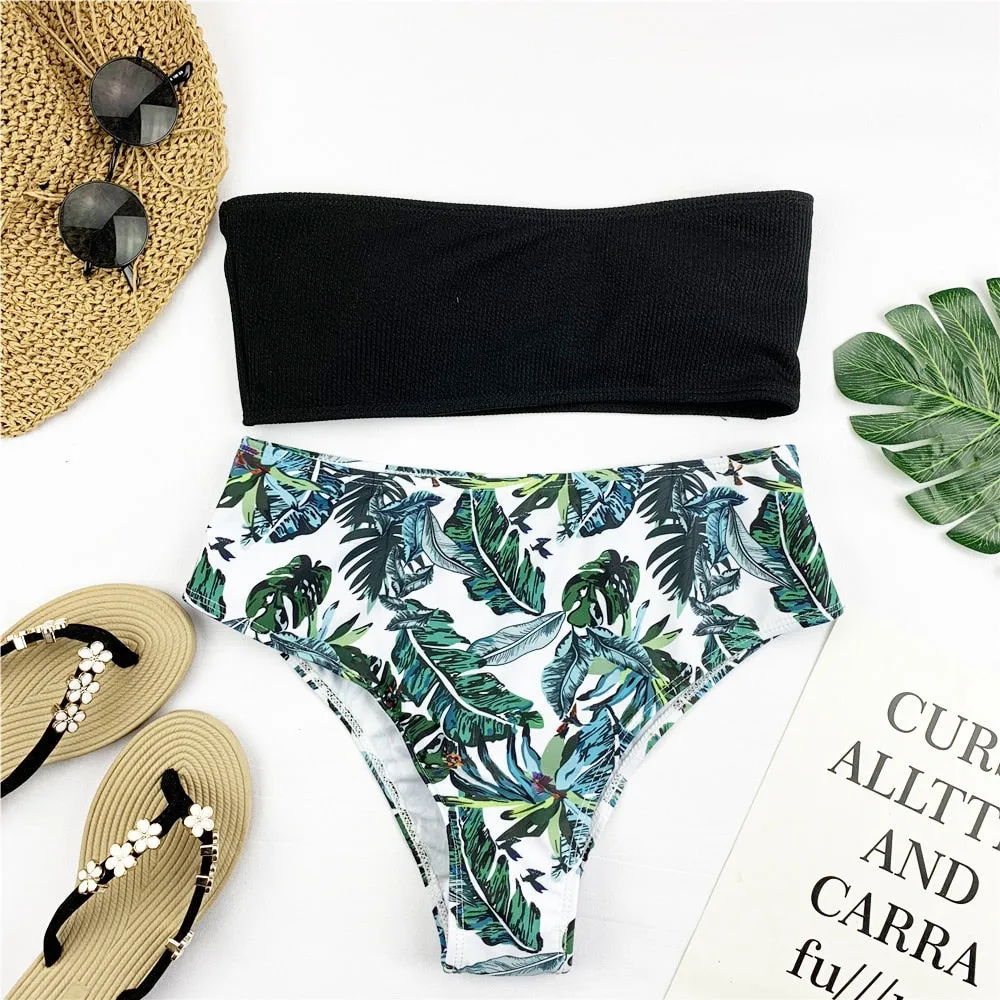 Bandeau Print Low Rise Thong Bottom Bikinis