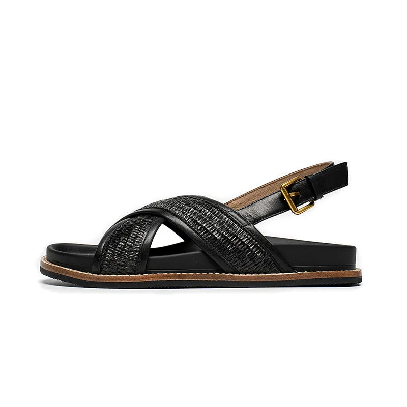 BeauToday Leisure Raffia Woven Cross Strap Sandals for Women