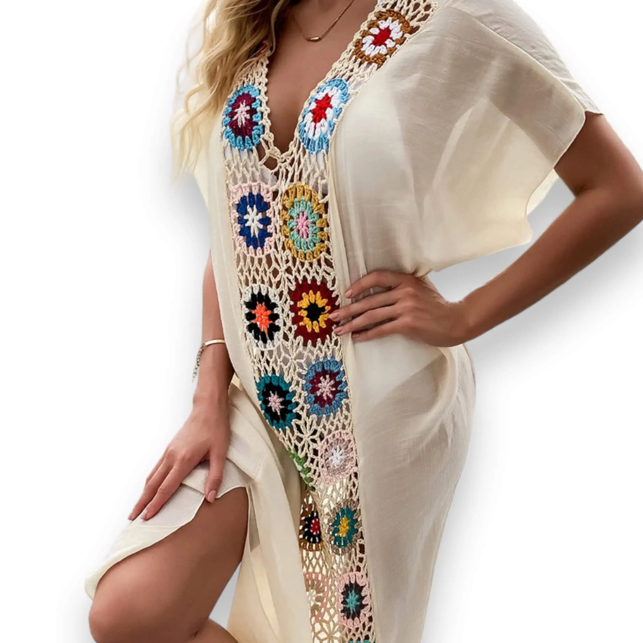 Beige Floral Crochet Maxi Kaftan Cover Up