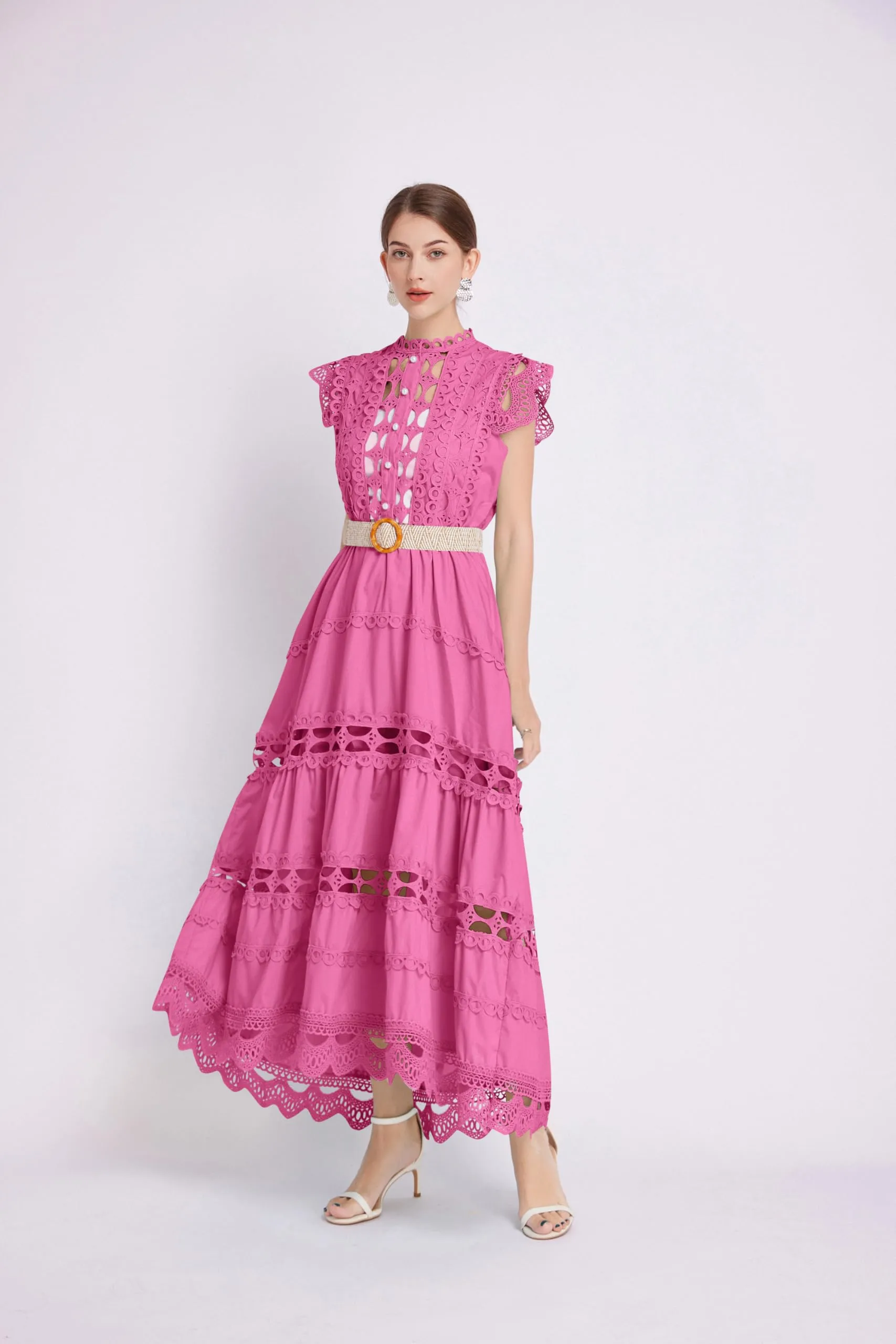 BK-Womens Lace Hollow Ruffled  Maxi  Dress