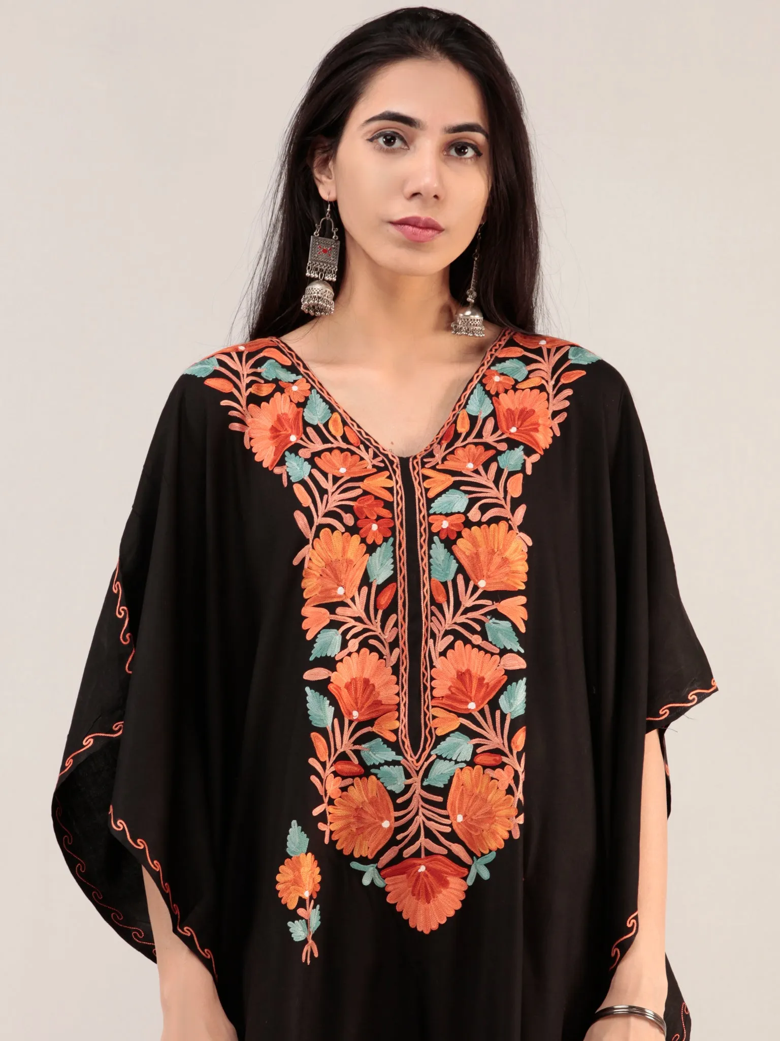 Black Aari Embroidered Kashmere Free Size Kaftan  - K12K062