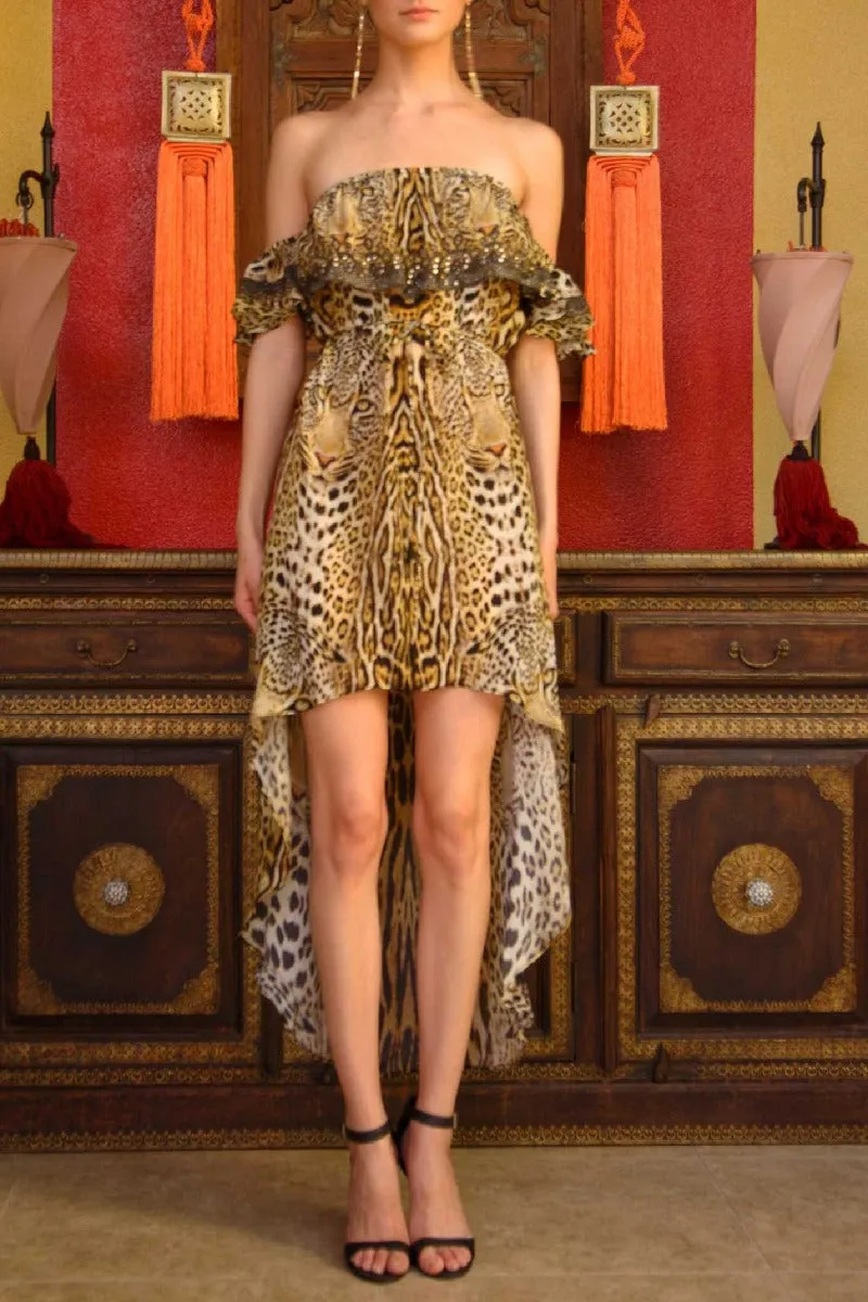 Black and Gold Leopard Print Ruffle Dress