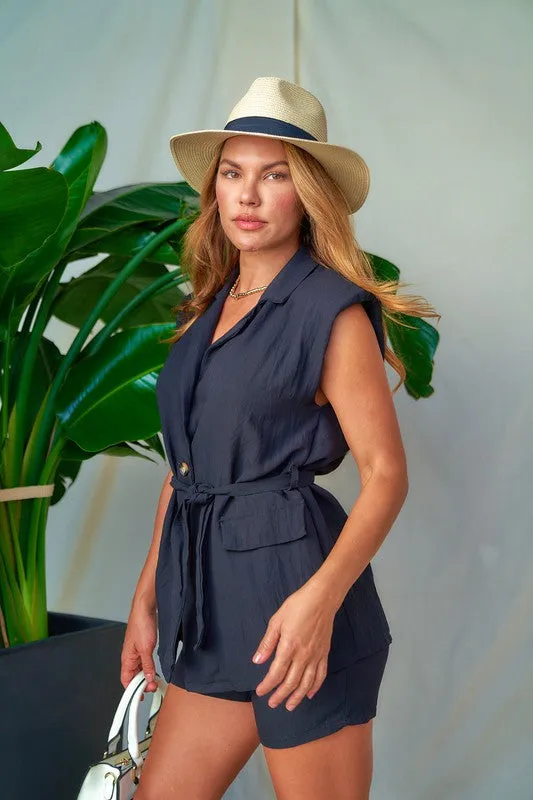 Black Linen Padded Vets & Shorts Set