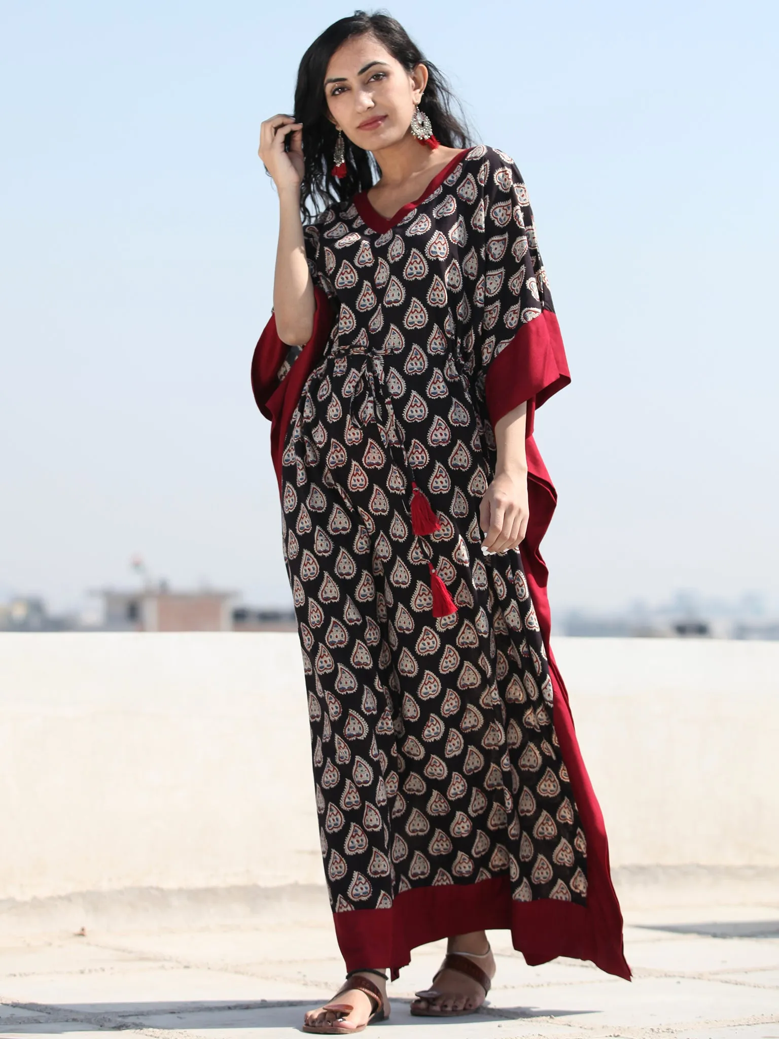 Black Maroon OffWhite Hand Block Printed Kaftan - K127F997