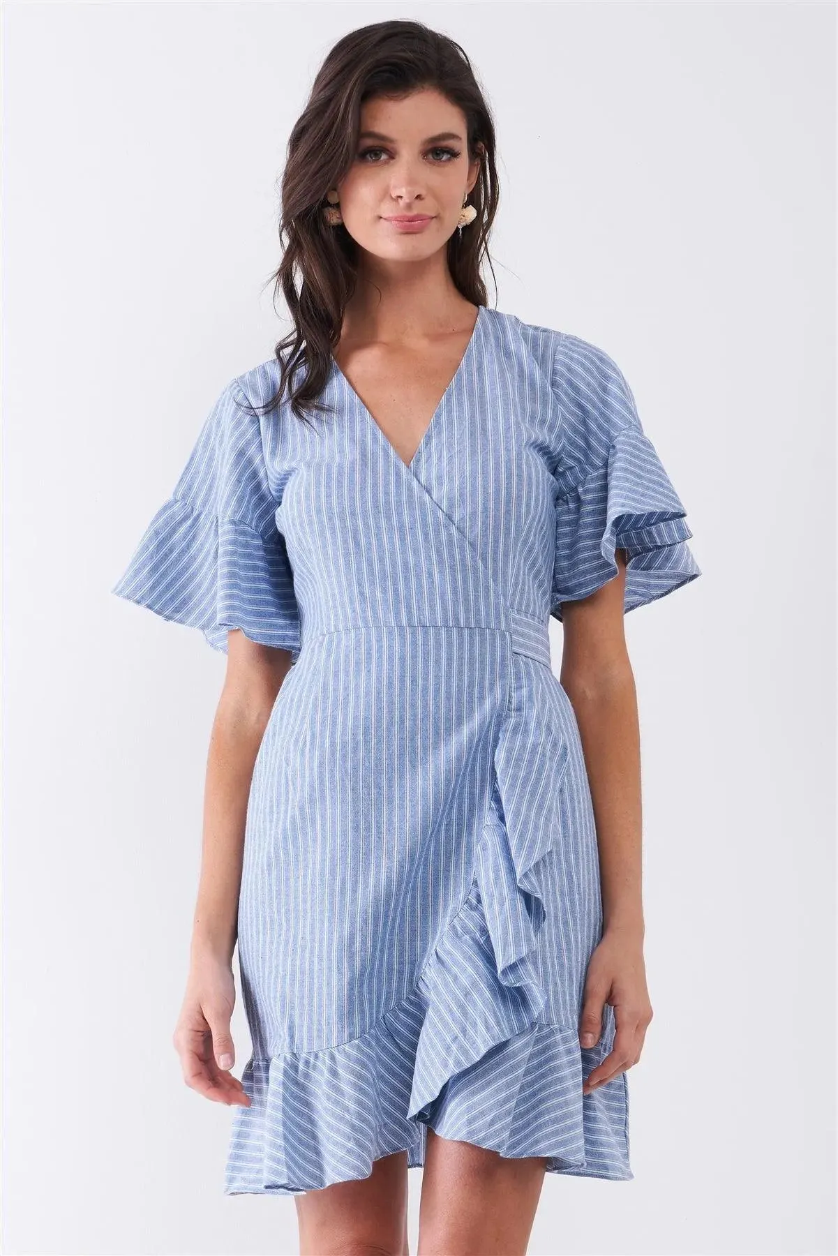 Blue & White Striped Deep Plunge V-Neck Ruffle Hem Self-Tie Waist Wrap Mini Dress /2-2