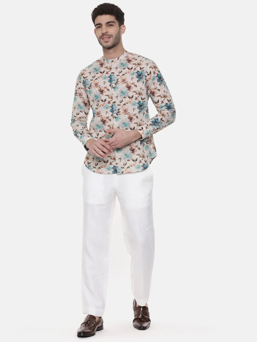 Blue Brown Floral Linen Shirt - MM0791