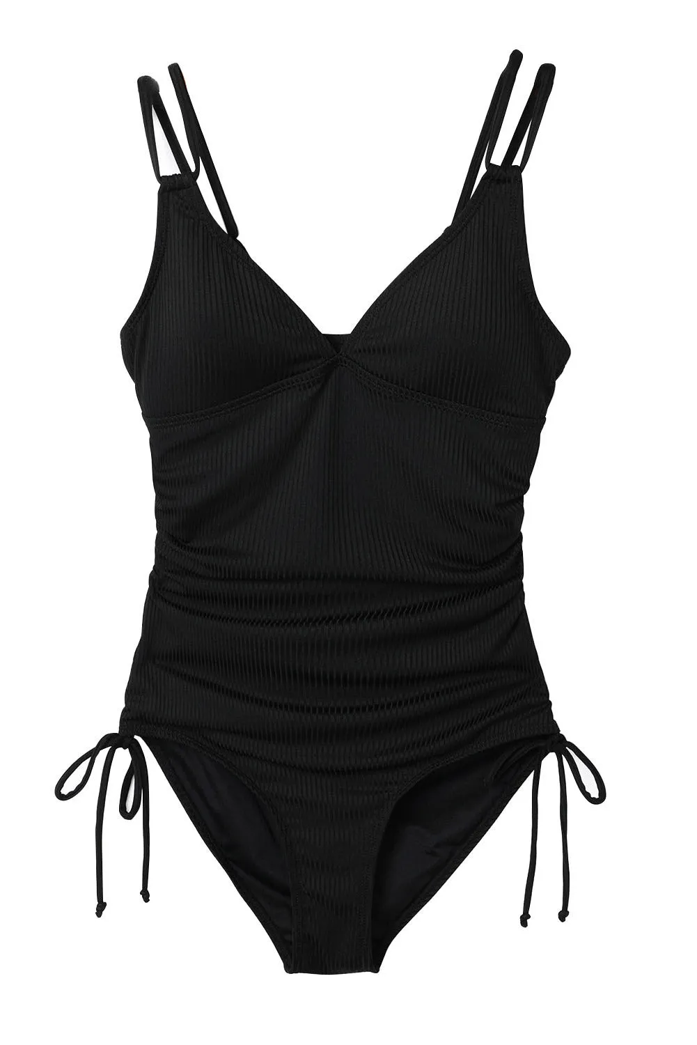 Blue Zone Planet |  Black Adjustable Straps Ribbed Knit One Piece Swimsuit