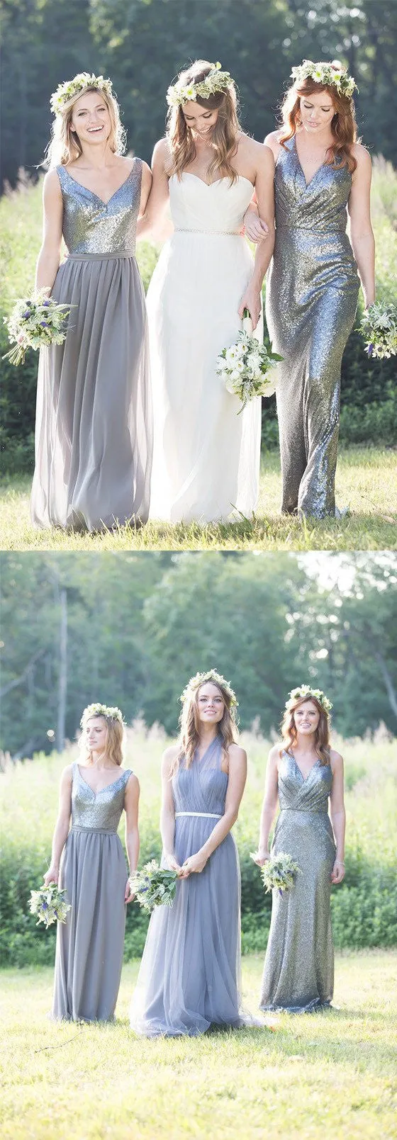 Boho Silver Grey Sequins Casual Long Country Style Bridesmaid Dresses