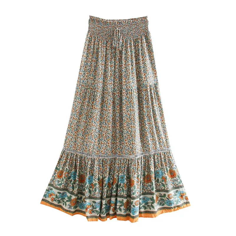 Boho Women Beige Floral Print Beach Bohemian Skirt