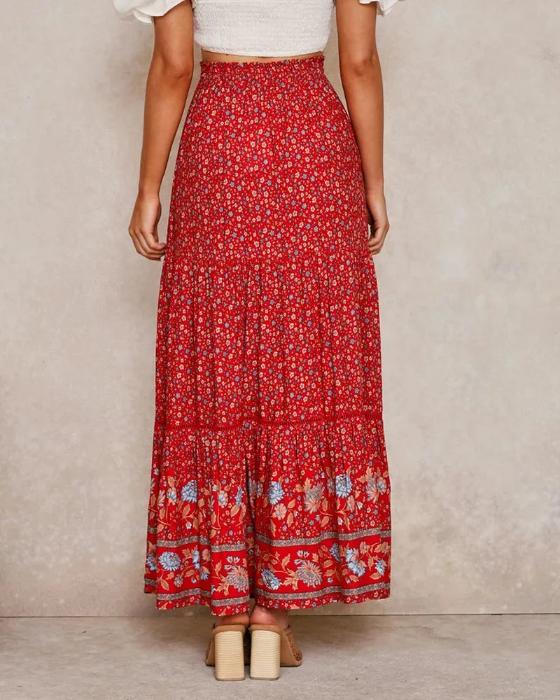Boho Women Beige Floral Print Beach Bohemian Skirt