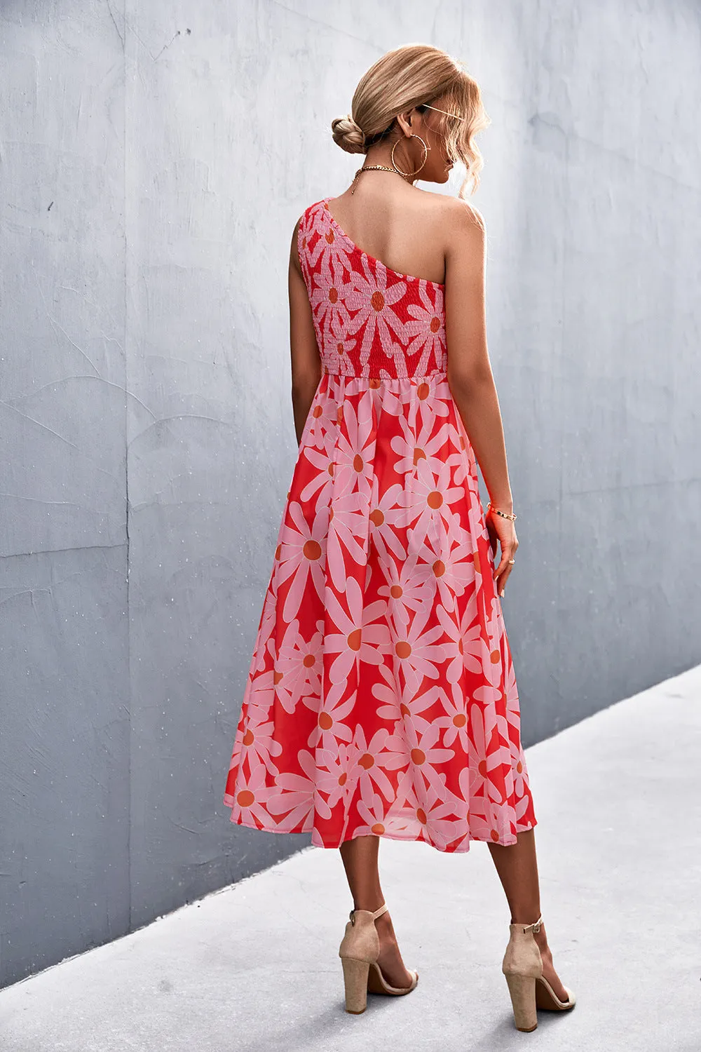 Botanical Floral Smocked One-Shoulder Midi Dress