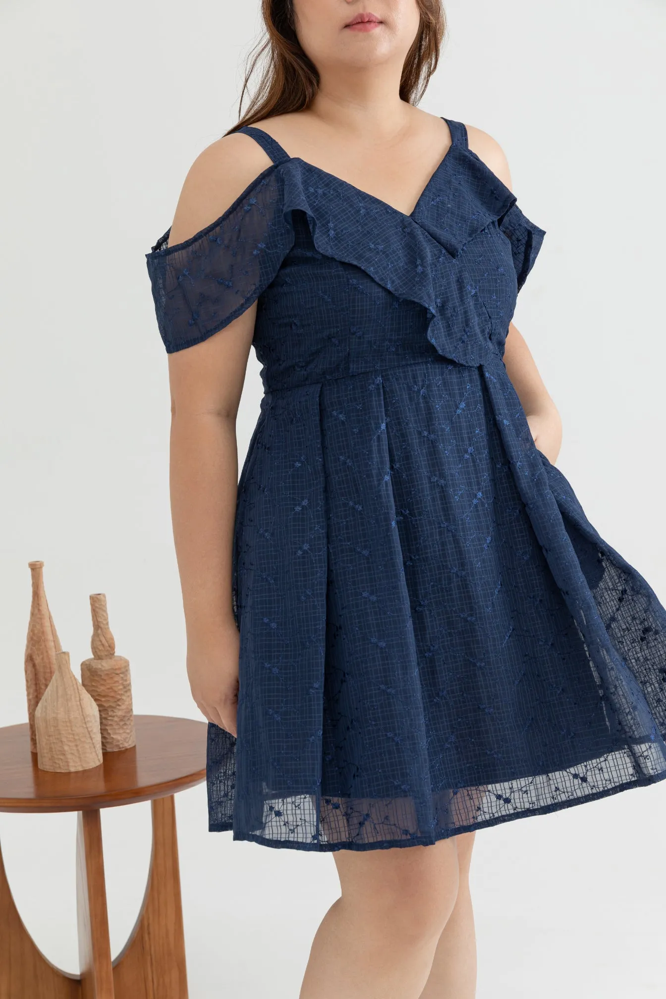 Cold Shoulder Panel Flare Dress (Navy Florals Embroidery)
