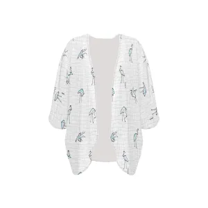crane 4 wavy grid hokusai print Women's Kimono Chiffon Cover Up (Model H51)