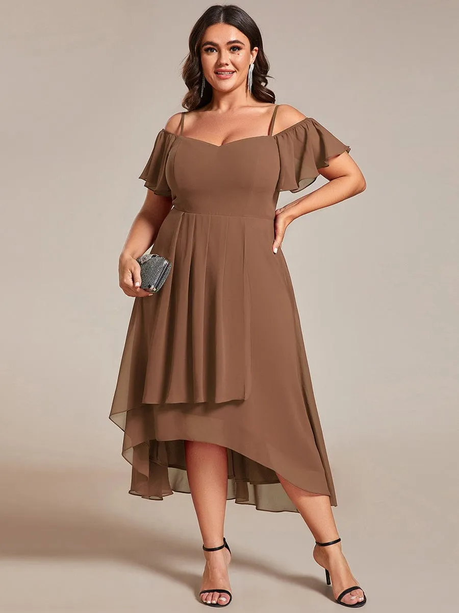 Custom Size Off-Shoulder High-Low Chiffon Wedding Guest Dresses with Short Sleeves