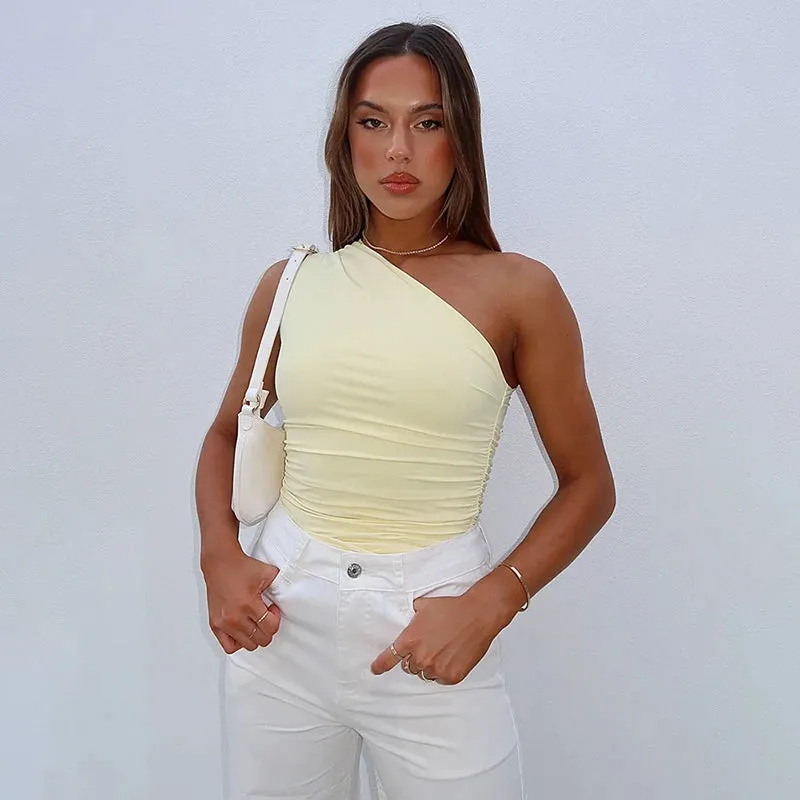 CUTENOVA Solid Color One Shoulder Backless Shrink Tank Top T-Shirt Candy Color Tight Sexy Sleeveless Neckless Slim Casual Top