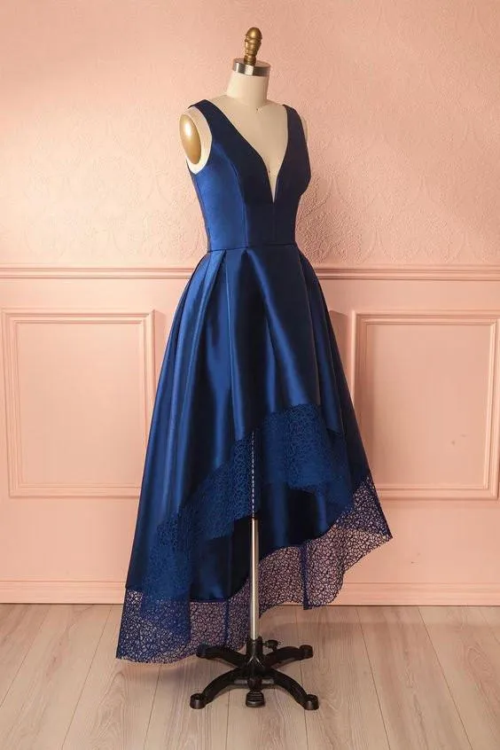Dark Blue A Line Satin Lace V Neck High-low Bridesmaid Dress,Simple Prom Dresses PFB0056