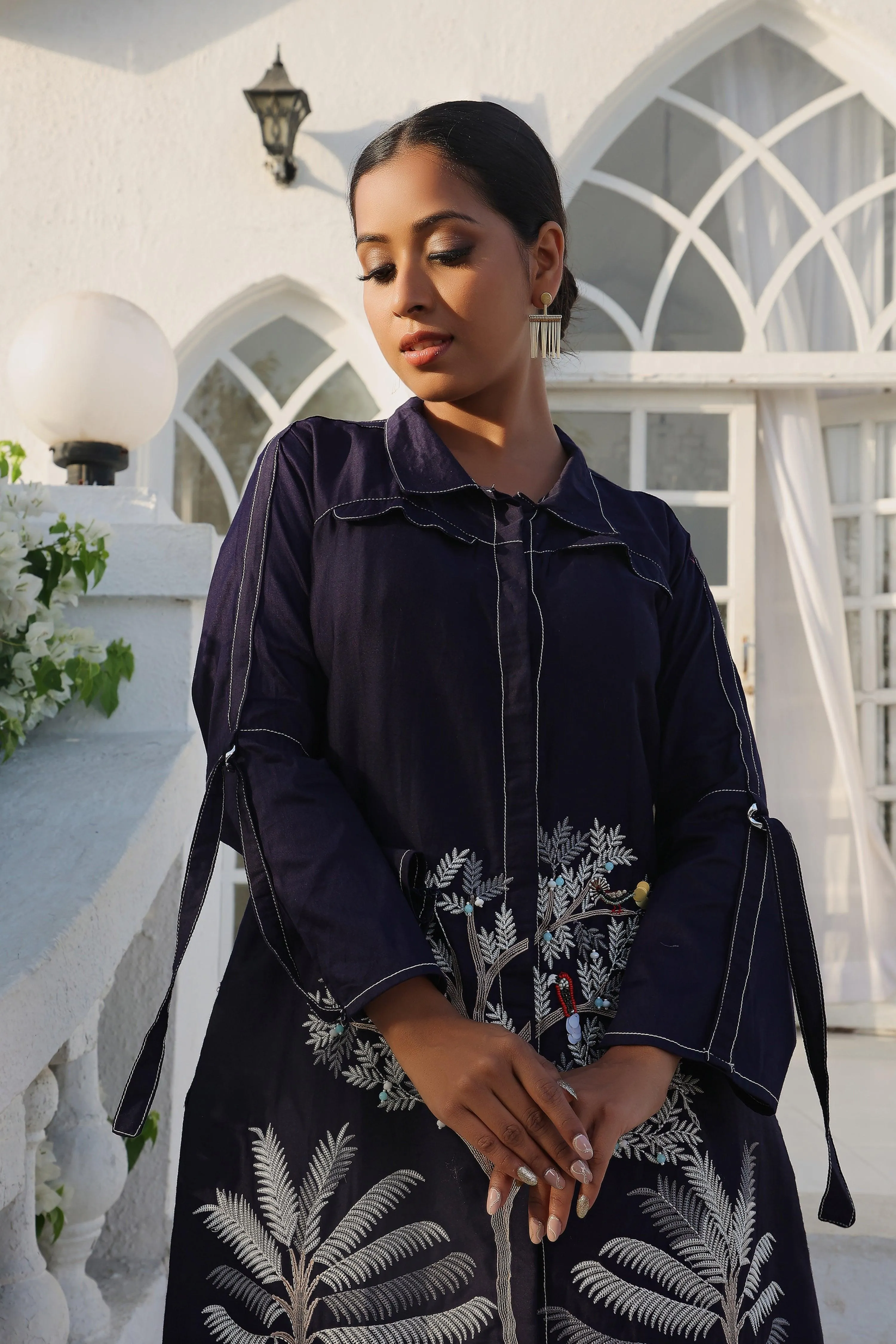 Dark Blue Embroidered A Line Shirt Dress