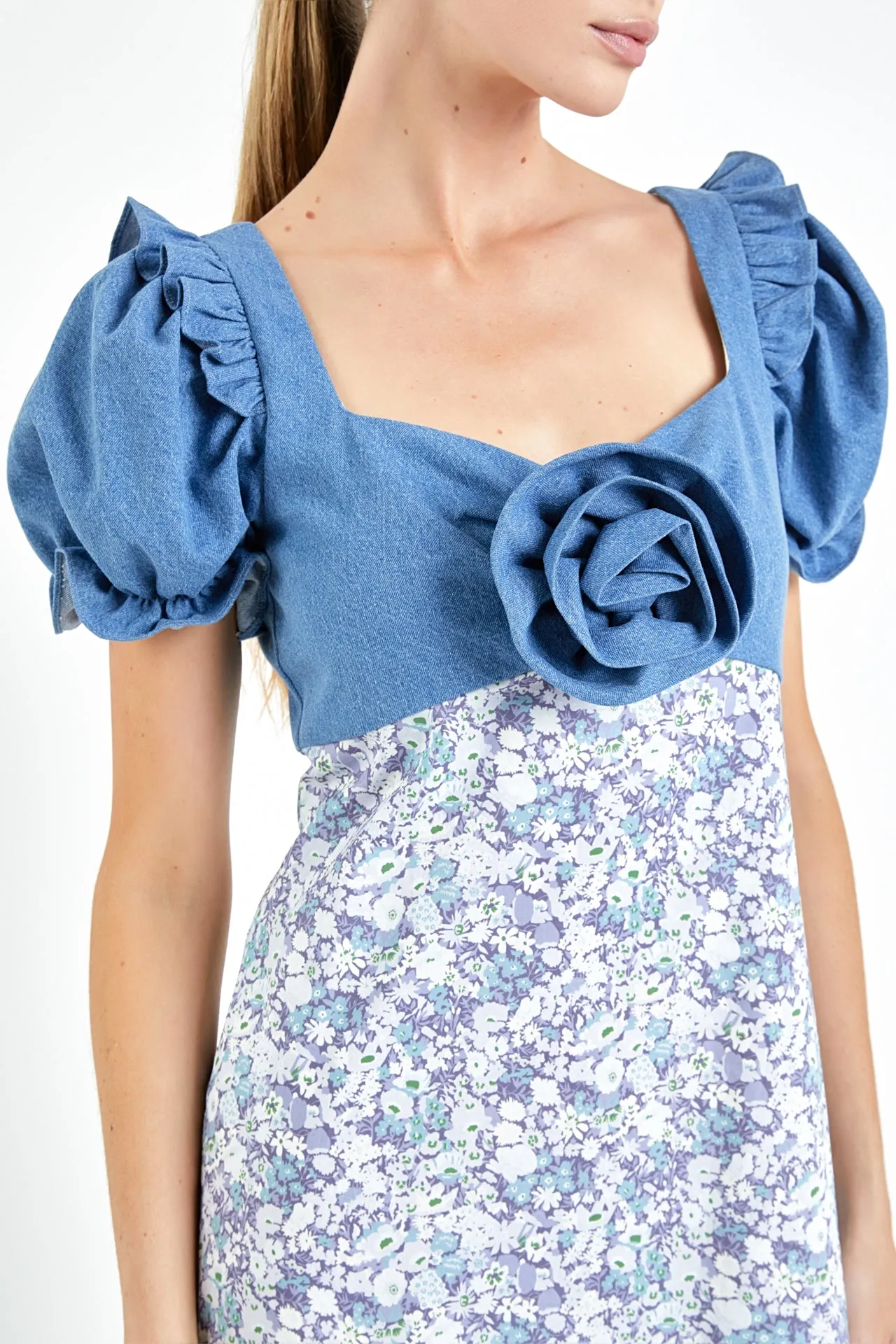 Denim Combo Floral Print Maxi Dress