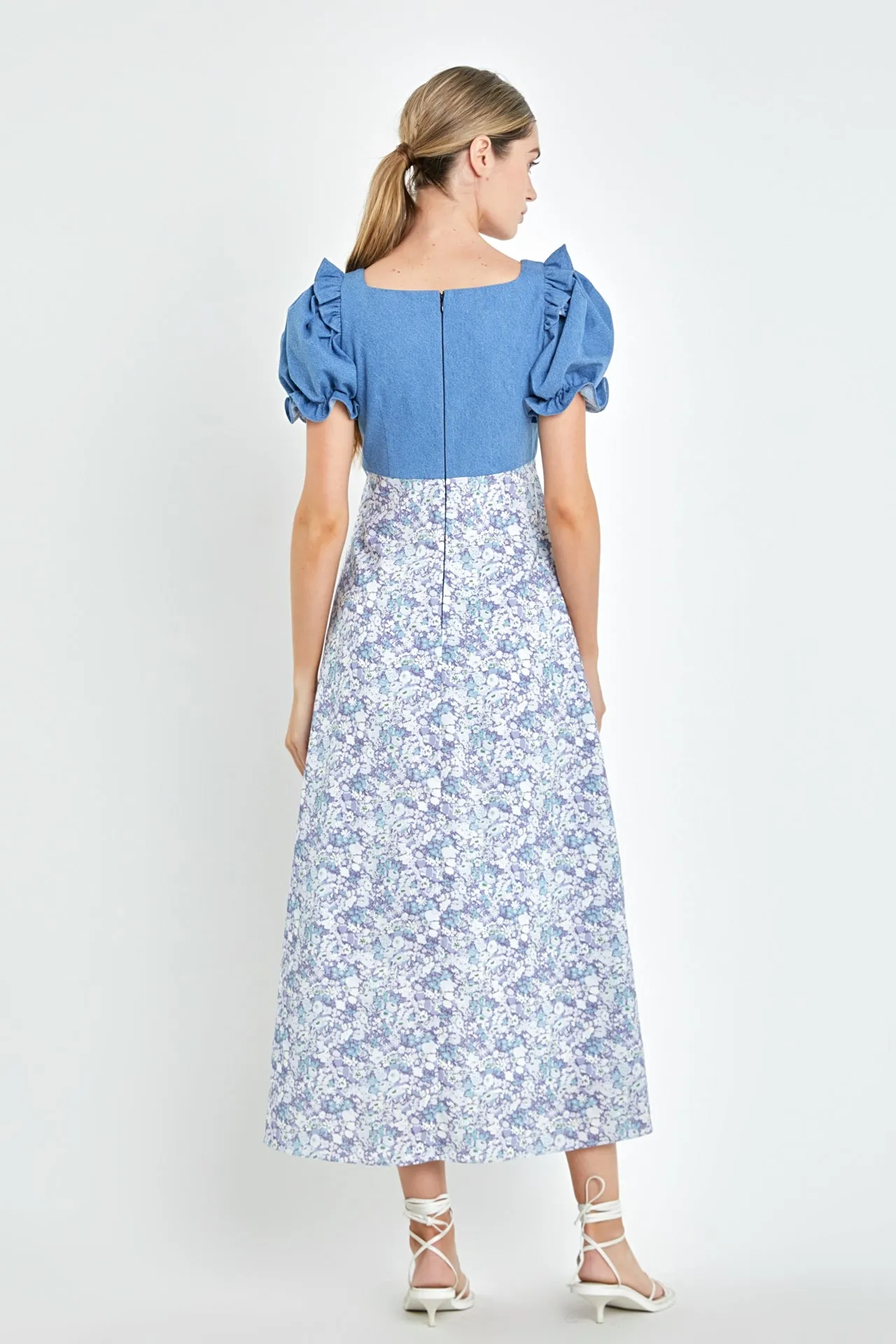 Denim Combo Floral Print Maxi Dress
