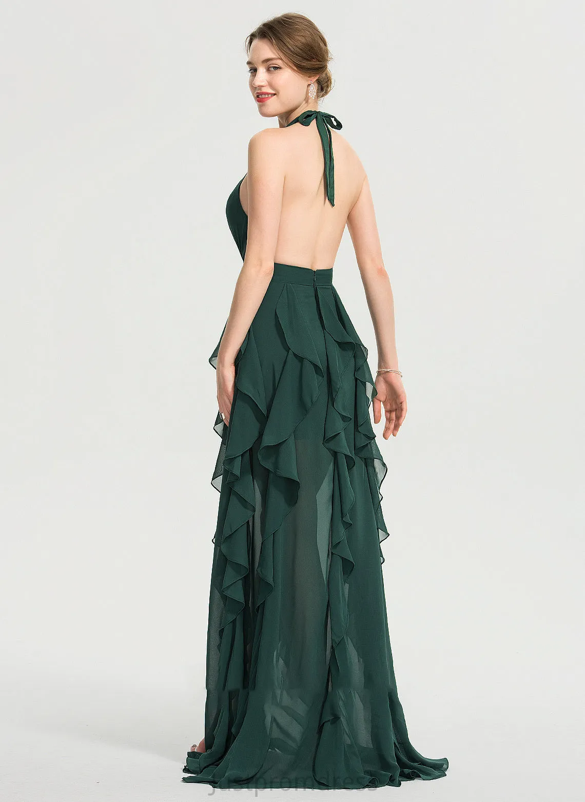 Floor-Length Chiffon Cascading Ruffles With Nan Halter Prom Dresses Front Ball-Gown/Princess V-neck Split