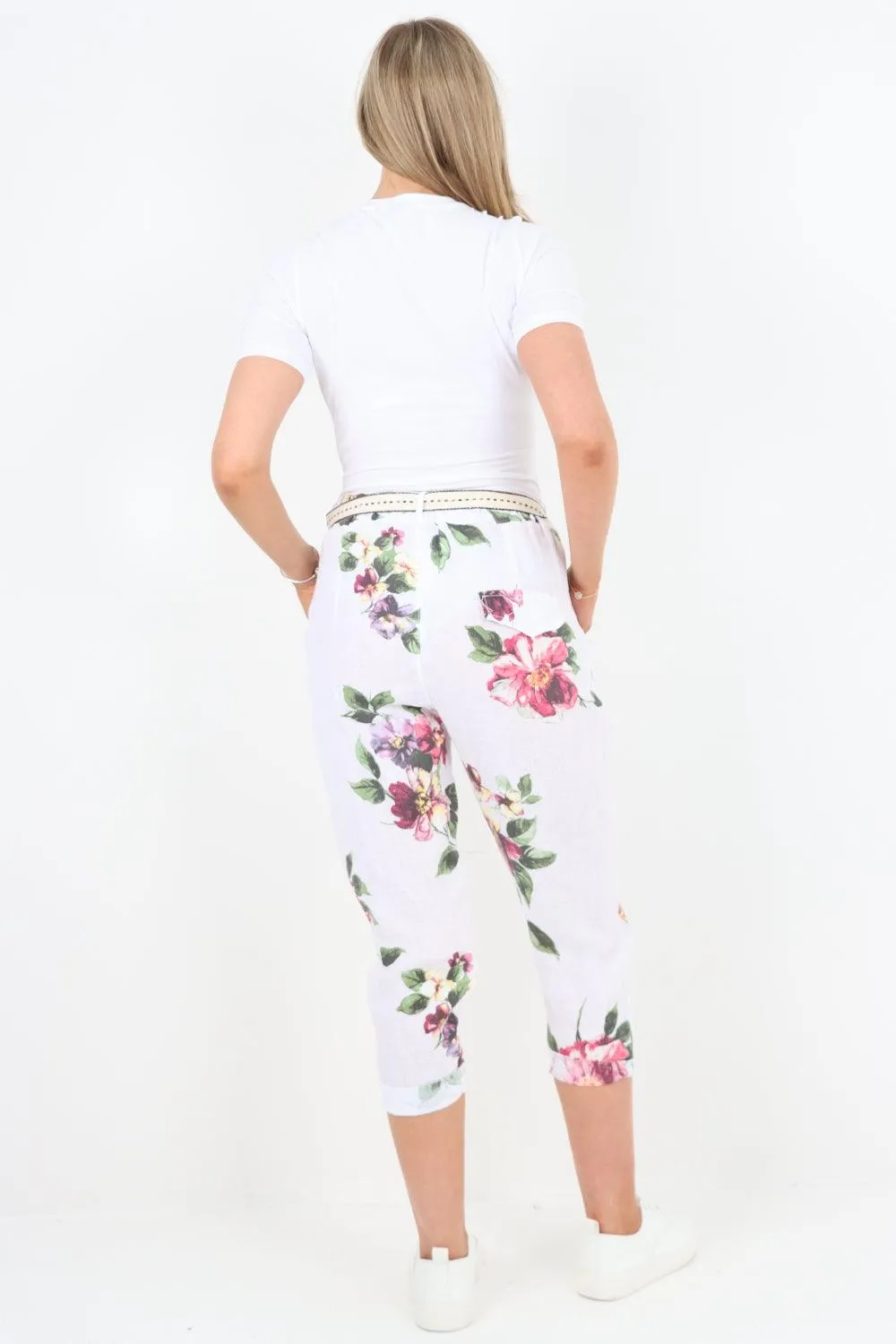 Floral Print Belted Linen Trousers