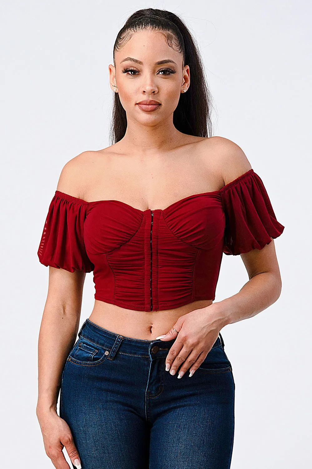 FRILLED OFF SHOULDER CORSET CROPPED TOP
