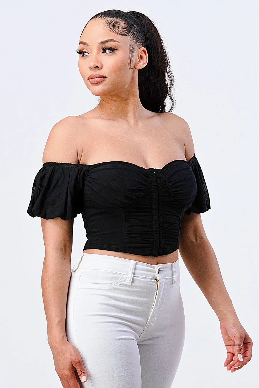 FRILLED OFF SHOULDER CORSET CROPPED TOP