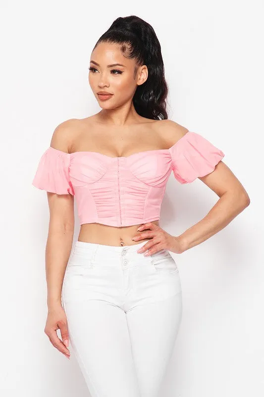 FRILLED OFF SHOULDER CORSET CROPPED TOP
