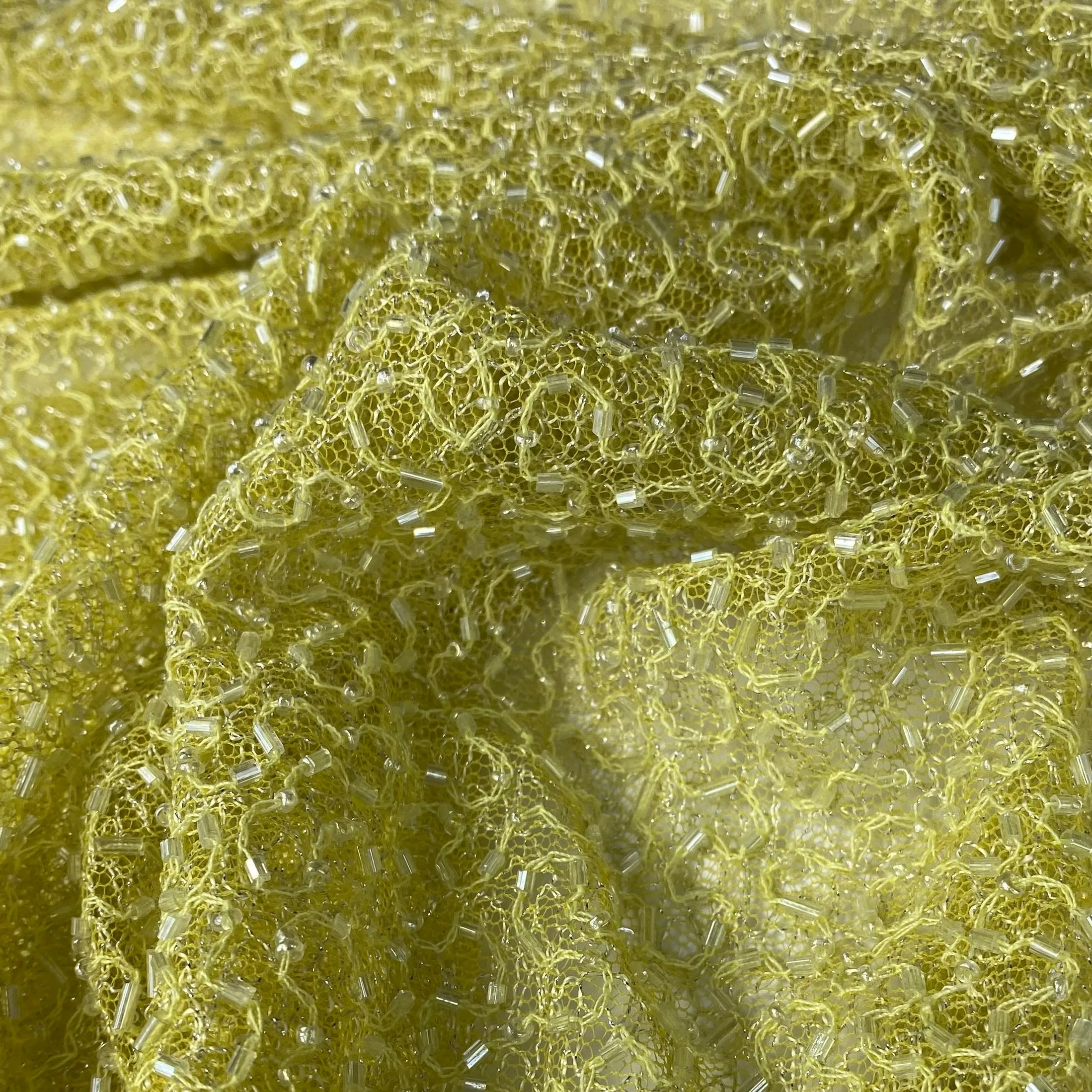 Glass Beaded Crochet Lace - Remnant - Yellow