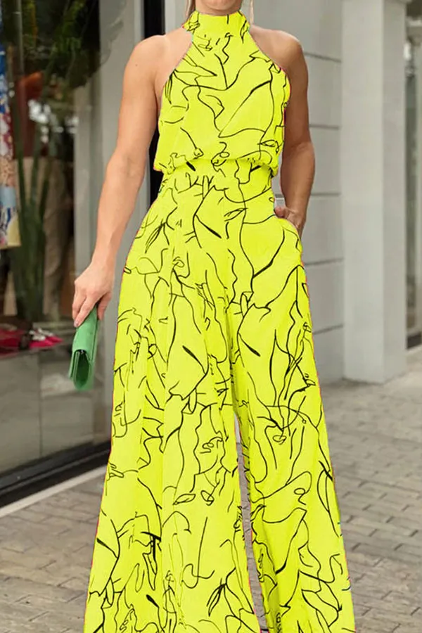 Graffiti Print Unusual Wide Leg Jumpsuit