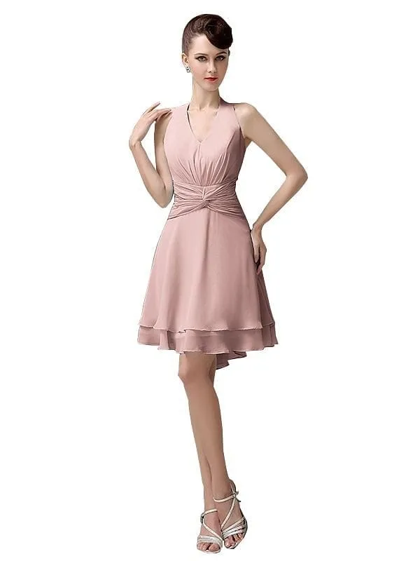 High-low Chiffon A-line Halter Short Bridesmaid Dresses