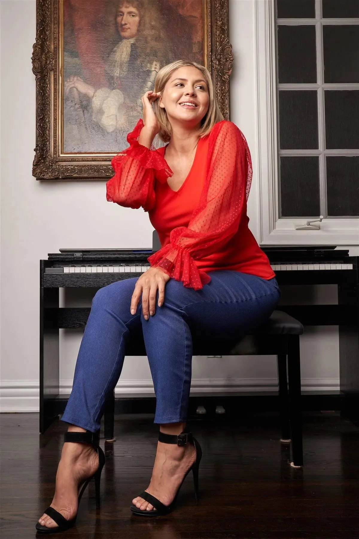 Junior Plus Size Red Relaxed Fit Deep Plunge V-Neck Long Polka Dot Mesh Balloon Sleeve Top /2-2-2