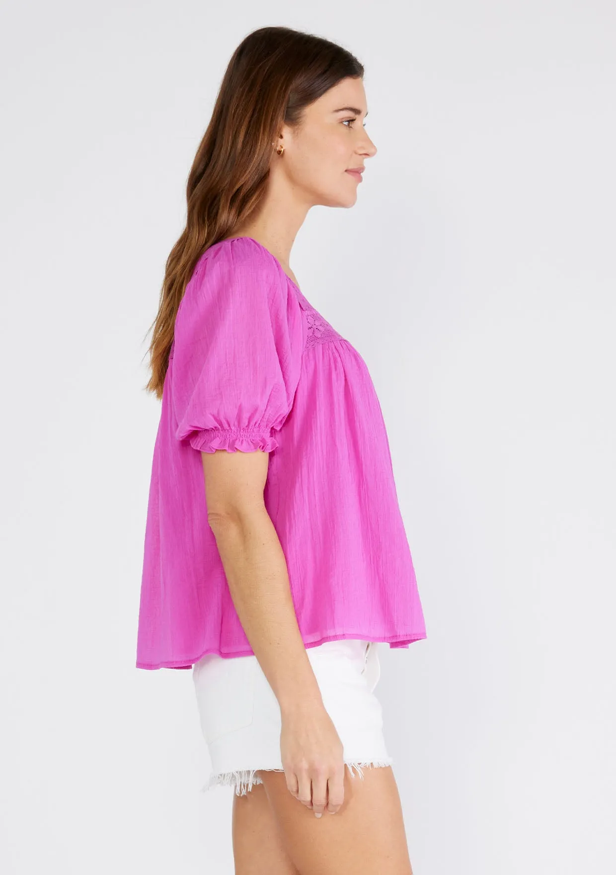 Lace Trim Square Neck Puff Sleeve Blouse