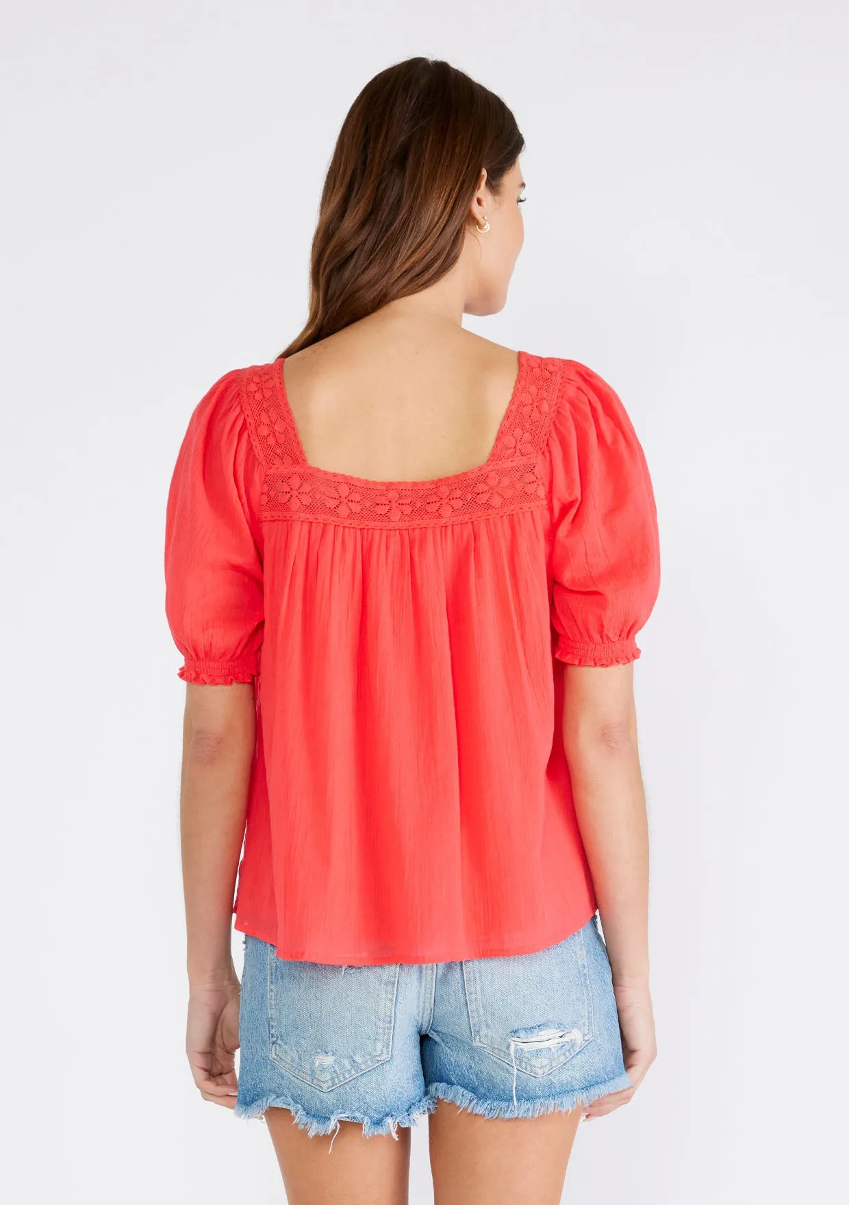 Lace Trim Square Neck Puff Sleeve Blouse