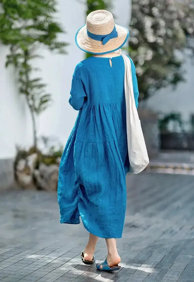 Linen Embroidered Midi Dress Peacock Blue Summer Dress