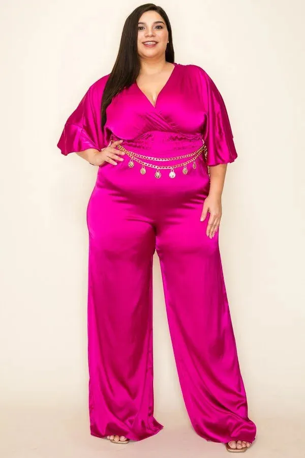Magenta Satin Wrap Front Mid Sleeve Jumpsuit
