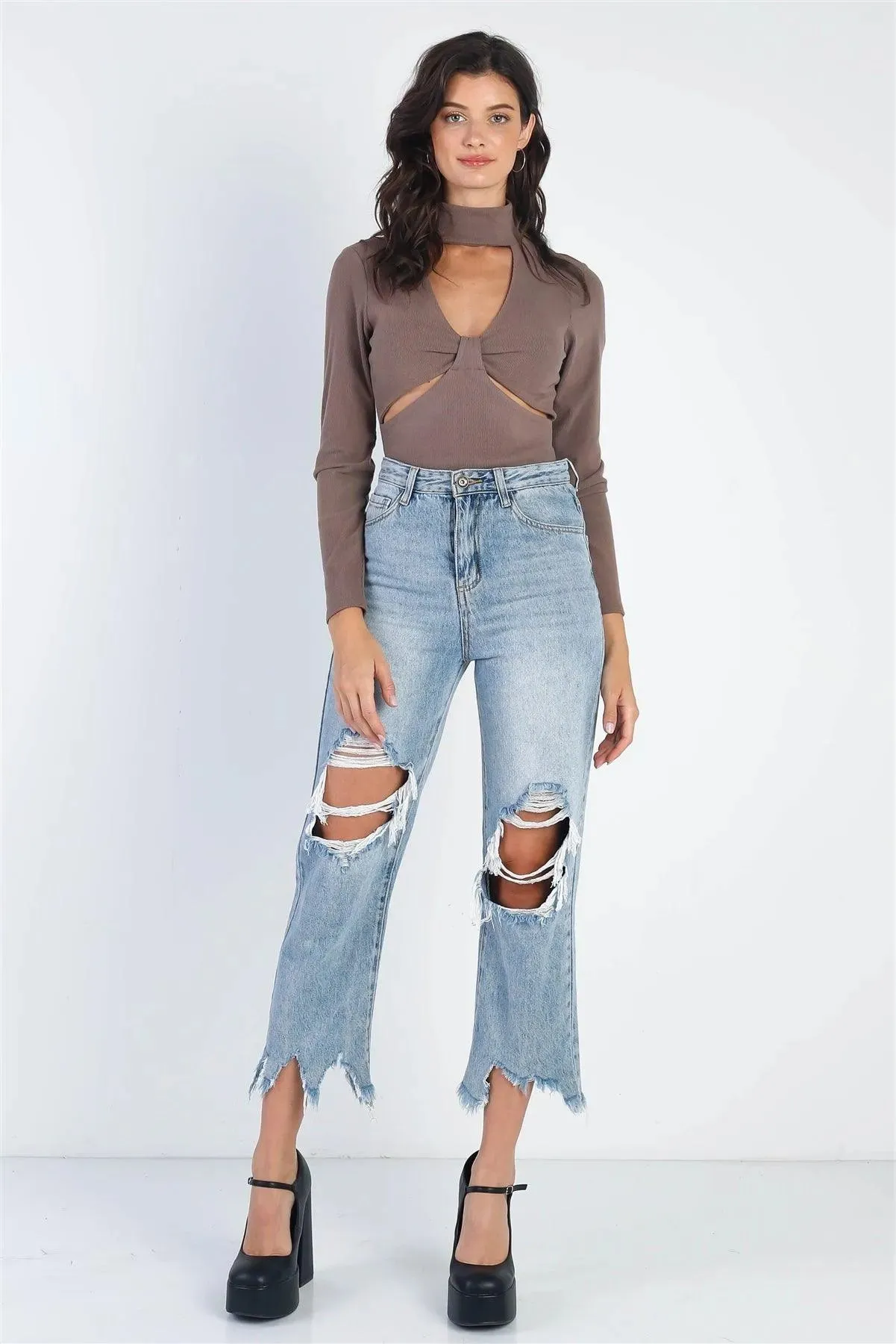 Mocha Ribbed Bow Cut-Out Detail Mock Neck Long Sleeve Bodysuit /4-2-1