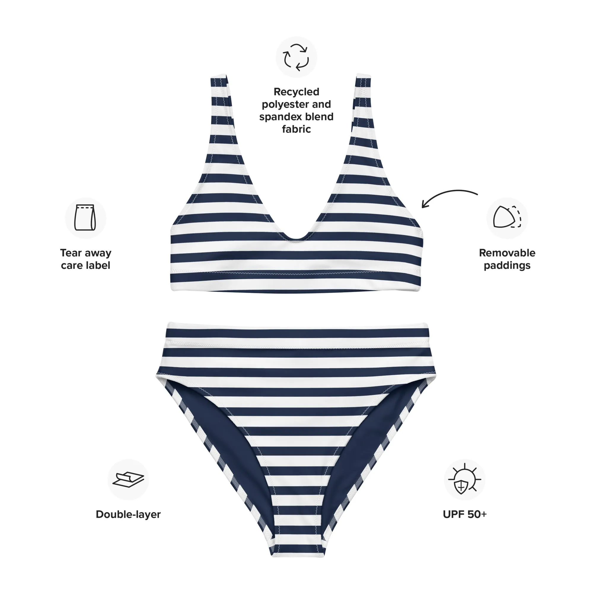 Navy Blue and White Beach Stripes High Waisted Bikini