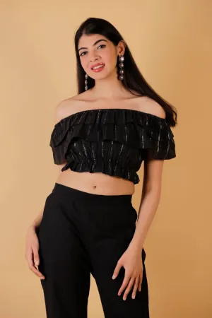 Off Shoulder Lurex Crop Top - Slit Pant Set