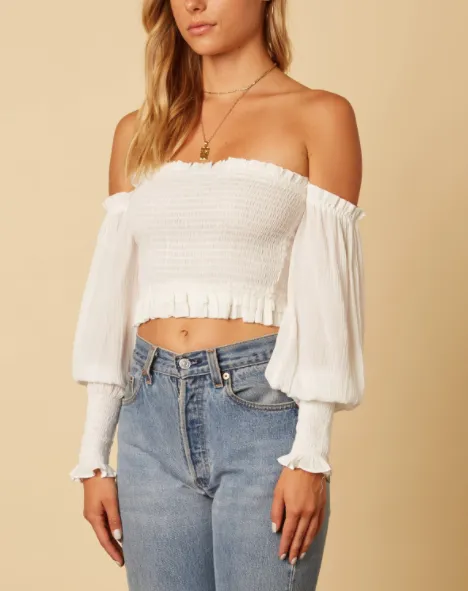 Off The Shoulder Smocked Ruffle Trim Peasant Sleeve Crop Top