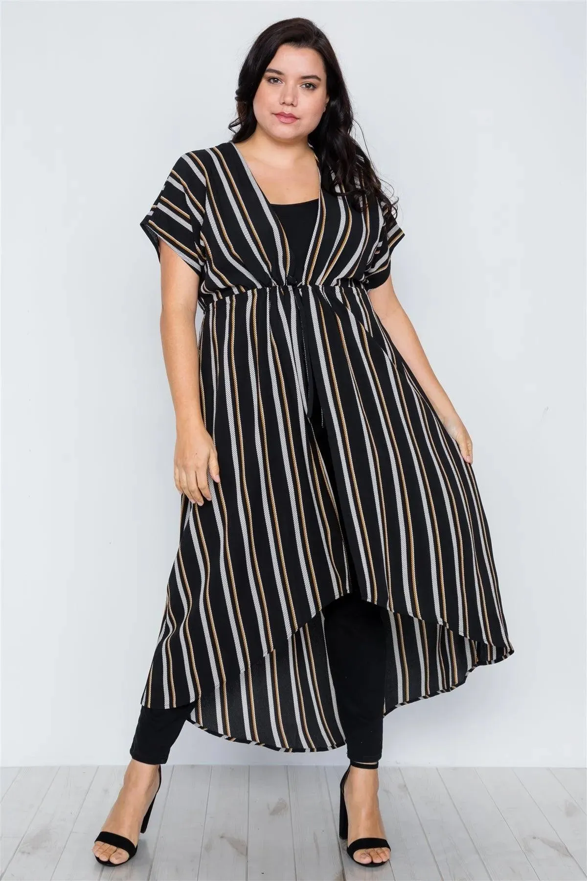 Plus Size Black Multi Stripe Kimono Cover Up