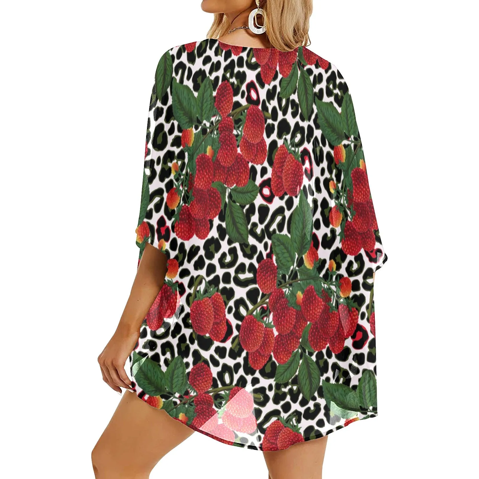 rasp leopard print 3 Women's Kimono Chiffon Cover Up (Model H51)