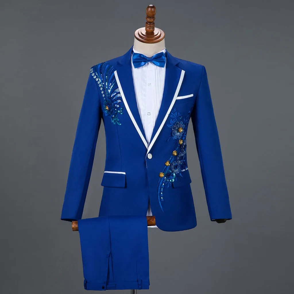 Red Diamond Floral Men Suits for Wedding Mens Suits 3 Piece Blazer Pant Bow Tie Fashion Tuxedo Men Suit Set Stage Costume Homme