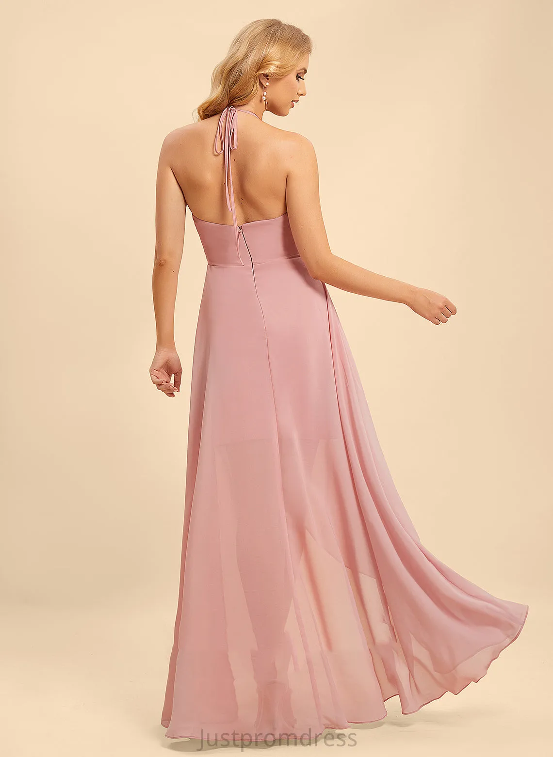 Ruffle A-Line Silhouette Neckline Halter Embellishment Fabric Asymmetrical Length Harmony Sleeveless V-Neck Bridesmaid Dresses