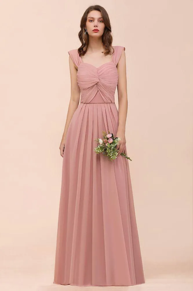 Ruffle Straps A-line Maxi Dusty Pink Bridesmaid Dress for Girls