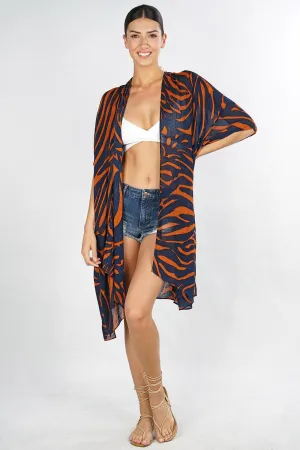 Sheer Zebra Print Open Front Midi Kimono